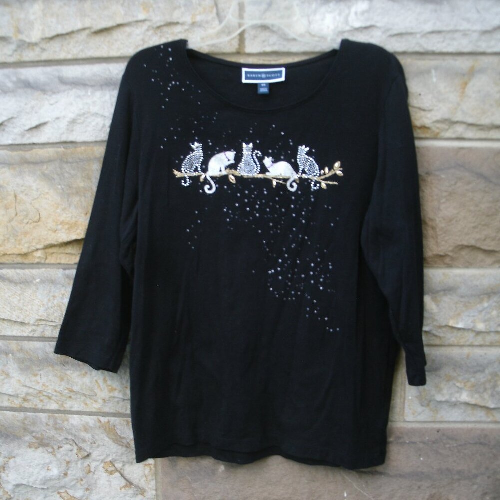 Cats on Branch Black Long Sleeve Shirt Size OX